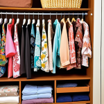 **

A neatly organized closet in a Malaysian home. Clothes are arranged by color and type, some folded neatly on shelves and others hanging with appropriate hangers. There are storage boxes for out-of-season items. The scene conveys a sense of order and care, promoting the idea of clothes lasting longer with proper storage. Include Malaysian-style clothing like batik shirts and baju kurung.

**