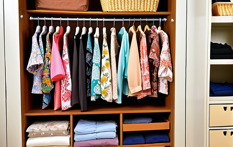 **
A neatly organized closet in a Malaysian home. Clothes are arranged by color and type, some folded neatly on shelves and others hanging with appropriate hangers. There are storage boxes for out-of-season items. The scene conveys a sense of order and care, promoting the idea of clothes lasting longer with proper storage. Include Malaysian-style clothing like batik shirts and baju kurung.
**
