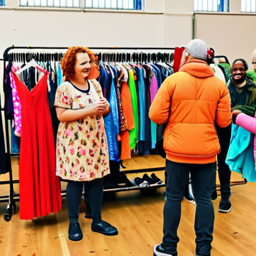 A vibrant clothing swap event in a community hall, featuring diverse individuals exchanging pre-loved clothes, showcasing the fun and sustainable way to refresh wardrobes. Capture the lively atmosphere and community spirit.