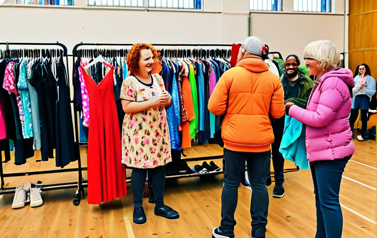 A vibrant clothing swap event in a community hall, featuring diverse individuals exchanging pre-loved clothes, showcasing the fun and sustainable way to refresh wardrobes. Capture the lively atmosphere and community spirit.