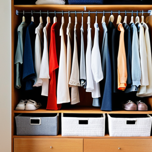**Prompt:** A well-organized walk-in closet with clothes neatly arranged by color and type, using thin, uniform hangers. Include storage boxes labeled for socks, underwear, and belts. KonMari folding technique visible in drawers. The overall aesthetic should be clean, bright, and inviting, showcasing an efficient use of space in a Malaysian home. Focus on lightweight, breathable fabrics like cotton and linen suitable for the tropical climate.