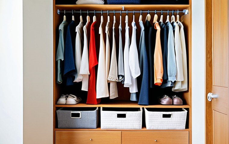 **Prompt:** A well-organized walk-in closet with clothes neatly arranged by color and type, using thin, uniform hangers. Include storage boxes labeled for socks, underwear, and belts. KonMari folding technique visible in drawers. The overall aesthetic should be clean, bright, and inviting, showcasing an efficient use of space in a Malaysian home. Focus on lightweight, breathable fabrics like cotton and linen suitable for the tropical climate.