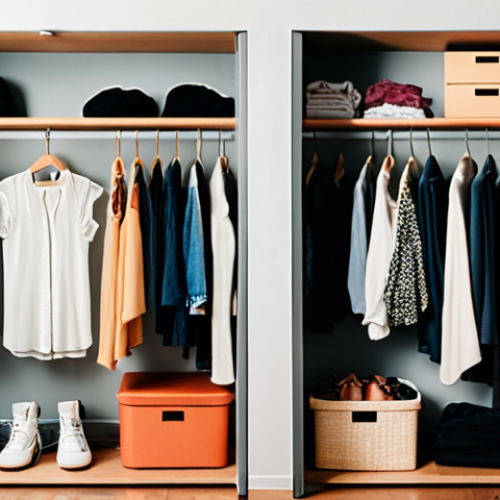 **Prompt:** A split image contrasting a "fast fashion" wardrobe versus a "sustainable capsule wardrobe." On the left, an overflowing, chaotic closet filled with cheap, trendy, and unorganized clothes, conveying stress and waste. On the right, a minimalist, tidy, and serene wardrobe featuring a few high-quality, versatile, and timeless garments, conveying peace and conscious consumption. Focus on the visual difference between overwhelming quantity and curated quality.