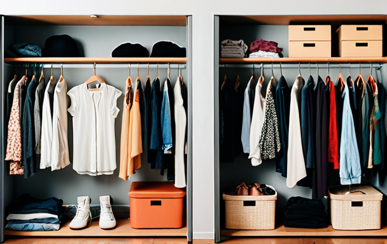**Prompt:** A split image contrasting a "fast fashion" wardrobe versus a "sustainable capsule wardrobe." On the left, an overflowing, chaotic closet filled with cheap, trendy, and unorganized clothes, conveying stress and waste. On the right, a minimalist, tidy, and serene wardrobe featuring a few high-quality, versatile, and timeless garments, conveying peace and conscious consumption. Focus on the visual difference between overwhelming quantity and curated quality.