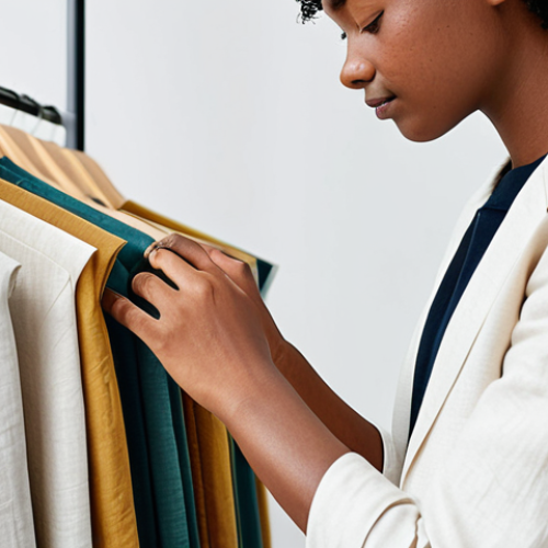 A thoughtful young adult, fully clothed in a professional, modest, and modern outfit made of natural linen, gently examining the texture of a large organic cotton fabric swatch. The scene is set within a bright, minimalist sustainable fashion boutique, with soft, diffused natural light illuminating the space. The individual's expression conveys appreciation for quality and ethical sourcing. Professional photography, high resolution, natural color palette, safe for work, appropriate content, perfect anatomy, correct proportions, natural pose, well-formed hands, proper finger count, natural body proportions.