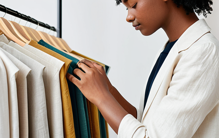 A thoughtful young adult, fully clothed in a professional, modest, and modern outfit made of natural linen, gently examining the texture of a large organic cotton fabric swatch. The scene is set within a bright, minimalist sustainable fashion boutique, with soft, diffused natural light illuminating the space. The individual's expression conveys appreciation for quality and ethical sourcing. Professional photography, high resolution, natural color palette, safe for work, appropriate content, perfect anatomy, correct proportions, natural pose, well-formed hands, proper finger count, natural body proportions.