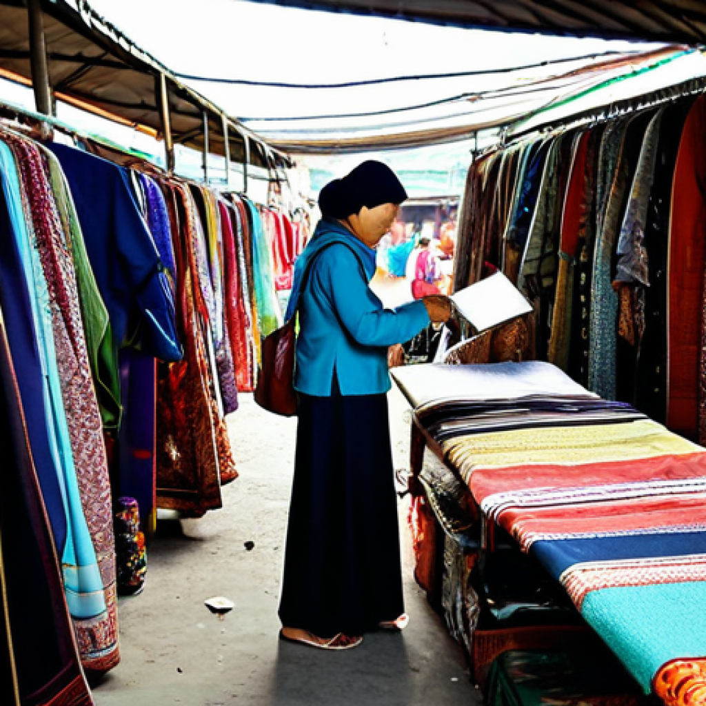 **

"A Malaysian woman browsing a selection of pre-loved clothes at a bustling *pasar karat* (flea market), colourful textiles and patterns visible, natural lighting, fully clothed in modest attire, safe for work, appropriate content, family-friendly, perfect anatomy, natural proportions, professional photography, high quality."

**