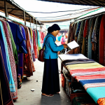 **

"A Malaysian woman browsing a selection of pre-loved clothes at a bustling *pasar karat* (flea market), colourful textiles and patterns visible, natural lighting, fully clothed in modest attire, safe for work, appropriate content, family-friendly, perfect anatomy, natural proportions, professional photography, high quality."

**