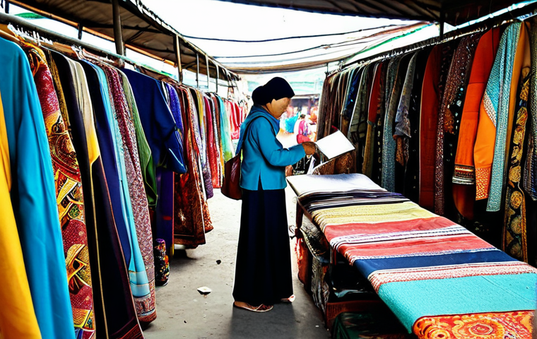 **

"A Malaysian woman browsing a selection of pre-loved clothes at a bustling *pasar karat* (flea market), colourful textiles and patterns visible, natural lighting, fully clothed in modest attire, safe for work, appropriate content, family-friendly, perfect anatomy, natural proportions, professional photography, high quality."

**